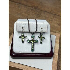 Antique-Style Cross Pendant Necklace & Earrings Set With Green Rhinestones On Me